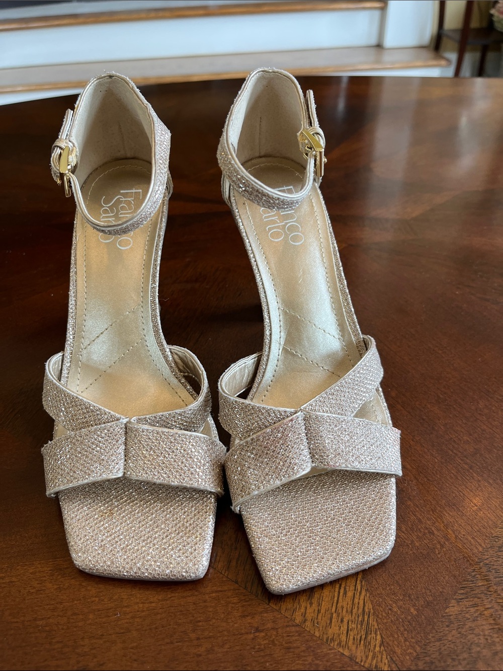 Franco Sarto Sparkling Champagne Ankle-Strap Heels